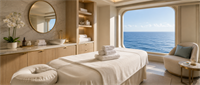 Spa treatment room aboard a cruise ship with a massage table, vanity area, armchair, and ocean view window.