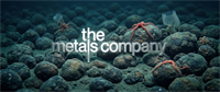 The Metals Company logo displayed over an image of polymetallic nodules on the seafloor with sea stars.
