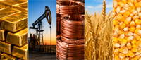 Composite image of commodities including gold bars, an oil pumpjack, copper wire coils, wheat, and corn kernels.