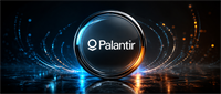 Palantir logo displayed on a metallic circular emblem surrounded by digital light streaks and particle effects.
