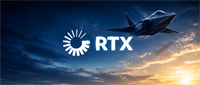 RTX logo displayed against a twilight sky with a military fighter jet flying overhead.