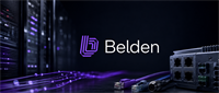 Belden logo displayed with networking cables, connectors, and server hardware in a dark data center setting.