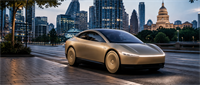 A gold futuristic electric concept car parked on a street with a city skyline and capitol dome at dusk.