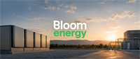 Bloom Energy logo overlaid on a row of fuel cell units at an outdoor installation site during sunset.