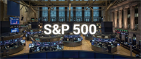 Trading floor with digital stock displays and workstations, overlaid with the text "S&P 500".