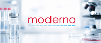 Moderna logo displayed in a laboratory setting with a vaccine vial, petri dishes, and a microscope.