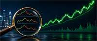 Magnifying glass highlighting a declining candlestick chart against a rising green stock price trend line.