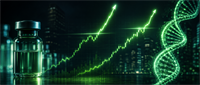 Illustration of a vial with an upward stock price chart and DNA double helix against a city skyline, symbolizing biotech growth.