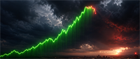 Conceptual illustration of a stock price chart rising sharply in green before turning red at the peak, set against storm clouds.