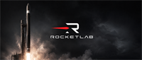 Rocket Lab logo beside a rocket launching from its pad amid smoke and flames against a dark sky.