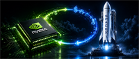 Illustration of an Nvidia chip connected by a glowing dollar-sign loop to a SpaceX rocket on a launch pad.
