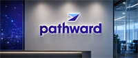Illuminated Pathward logo displayed on a wall in a corporate office reception area with glass doors.