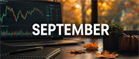 Laptop displaying a candlestick stock price chart on a desk with autumn leaves and the word September overlaid.