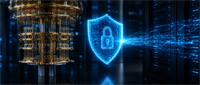 Illustration of a quantum computing chip beside a glowing digital shield and lock icon symbolizing cybersecurity.