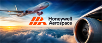 Honeywell Aerospace logo with a jet aircraft in flight and a jet engine turbine above cloud cover.