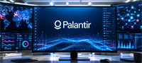 Computer monitor displaying the Palantir logo surrounded by data visualization screens showing network maps and charts.