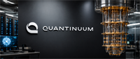 Quantinuum logo on a wall beside a gold-plated quantum computing chandelier in a data center setting.
