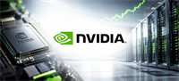 NVIDIA logo over a computer chip, server racks, and an upward-trending green stock price chart.