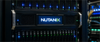 Nutanix logo displayed on a server unit mounted within a data center equipment rack.