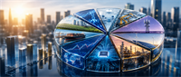 Conceptual pie chart with segments depicting industry sectors like agriculture, shipping, energy, robotics, and technology against a city skyline.