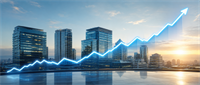 Illustration of an upward-trending stock chart line overlaid on a city skyline of office towers at sunset.