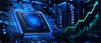 Illustration of a computer chip on a circuit board with an upward green stock chart line in a server room.