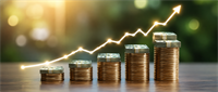 Illustration of ascending coin and cash stacks with an upward arrow line graph symbolizing financial growth.