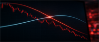 Screen displaying a declining candlestick stock price chart with red downward trend lines crossing a blue moving average.