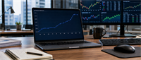 Laptop displaying a U.S. Treasury yield curve chart on a desk with monitors showing stock market data.