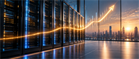 Illustration of a server data center with an upward-trending chart line overlaid against a city skyline at sunset.