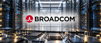 Broadcom logo displayed in a data center aisle lined with illuminated server racks and computer chips.