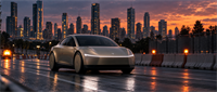 A Tesla concept vehicle with illuminated front light bar drives on a road against a city skyline at dusk.