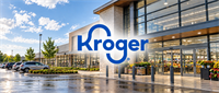 Kroger logo overlaid on a photo of a Kroger grocery store exterior with parking lot and produce display.