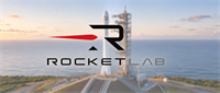 Rocket Lab logo overlaid on a rocket standing on a launch pad near the ocean.