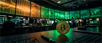 A gold Bitcoin coin sits on a desk in a trading room with large screens displaying market data.