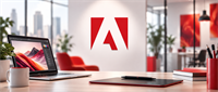Adobe logo displayed on a wall behind an office desk with a laptop, notebook, and pens.
