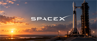 SpaceX logo beside a rocket on a launch pad at sunset, with support tower and coastal horizon.