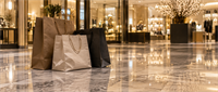 Shopping bags sit on a polished marble floor inside an upscale retail store or shopping mall.