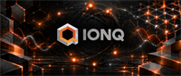 IonQ logo displayed against a dark background with glowing orange network nodes and geometric shapes.