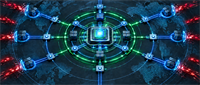 Digital illustration of a central computer chip connected by glowing blue and green lines to server nodes over a world map.