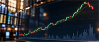 Digital screen displaying a candlestick stock price chart trending upward, with trading data boards blurred in the background.