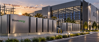 Bloom Energy fuel cell units installed outside a data center building labeled "AI" at dusk.