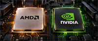 AMD and NVIDIA logos displayed on computer processor chips mounted on a circuit board.