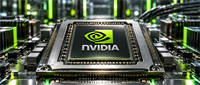 NVIDIA logo displayed on a computer chip mounted on a circuit board with green lighting.