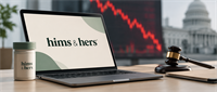 Laptop displaying the Hims & Hers logo beside a gavel, pill bottle, and declining stock chart with the US Capitol.