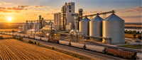 Grain elevator and processing facility with silos, railcars, and a cornfield at sunset.
