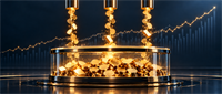 Illustration of gold coins pouring into a glass container above a rising stock price chart background.