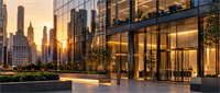 Glass-walled office building lobby at sunset with a city skyline reflected in the exterior facade.