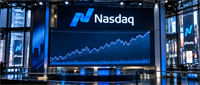 Nasdaq logo above a large screen displaying an upward-trending stock price chart in the Times Square studio.