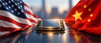 A computer chip on a circuit board sits between American and Chinese flags, symbolizing semiconductor trade tensions.